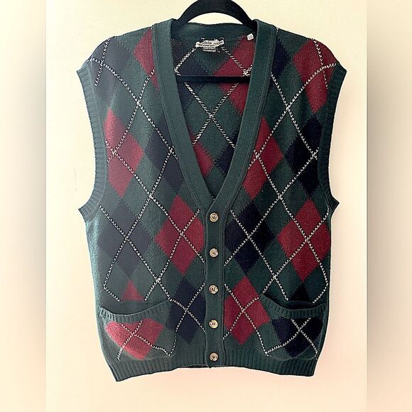 Vintage MALO by Janet Brown 100% Cashmere Green Argyle Button Down Vest Sz 50 - Picture 1 of 6